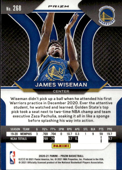 James Wiseman - 2021/22 Panini Prizm Basketball Green Prizm #268 Golden State Warriors