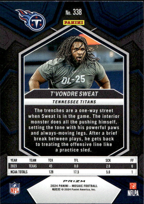 T'Vondre Sweat - 2024 Panini Mosaic Silver Prizm #338 Tennessee Titans