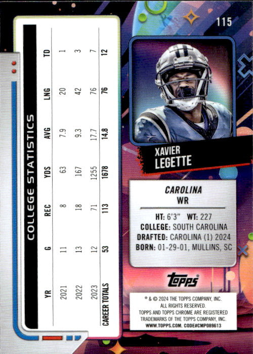 Xavier Legette - 2024 Topps Chrome #115 Carolina Panthers