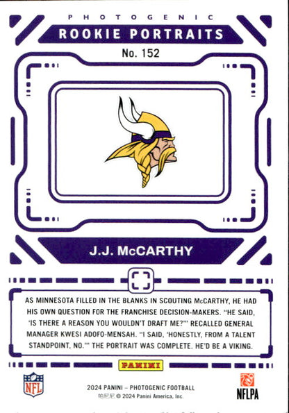 JJ McCarthy - 2024 Panini Photogenic Rookie Portraits #152 Minnesota Vikings