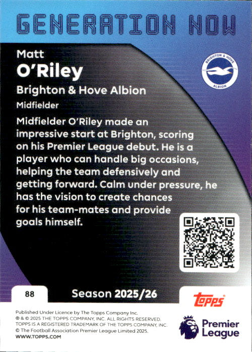 Matt O'Riley - 2025/26 Topps Premier League Generation Now #88 Brighton & Hove Albion