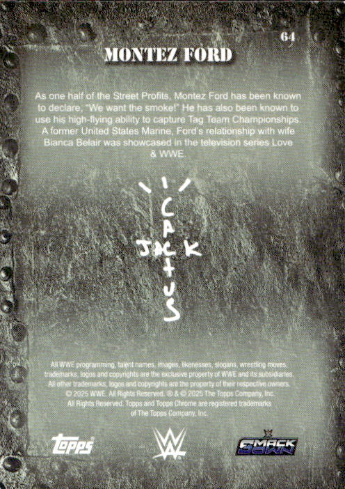 Back of a Montez Ford collectible trading card featuring a dark, textured gray background with a distressed industrial design, white text, and logos for Topps, WWE, and CM Punk Wrestling at the bottom.