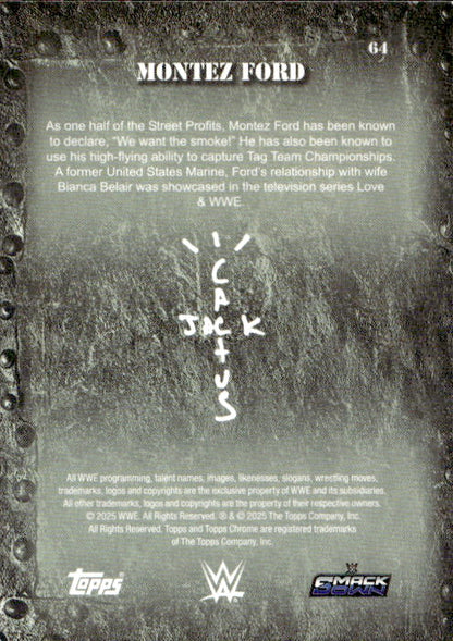 Back of a Montez Ford collectible trading card featuring a dark, textured gray background with a distressed industrial design, white text, and logos for Topps, WWE, and CM Punk Wrestling at the bottom.