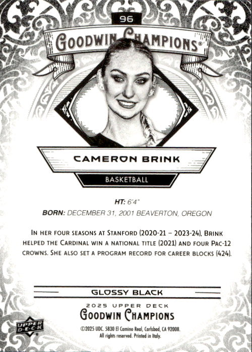 Cameron Brink - 2025 Upper Deck Goodwin Champions Glossy Black #96