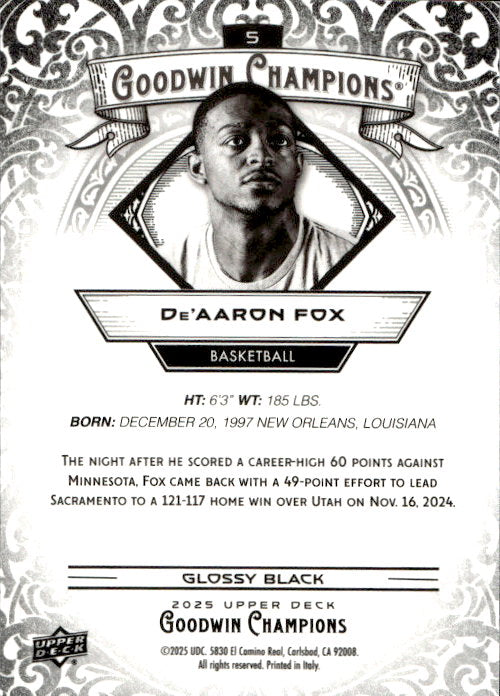 De'Aaron Fox - 2025 Upper Deck Goodwin Champions Glossy Black #5