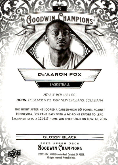 De'Aaron Fox - 2025 Upper Deck Goodwin Champions Glossy Black #5