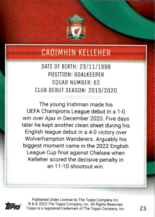 Caoimhin Kelleher - 2023/24 Topps Liverpool Team Set Aqua /250