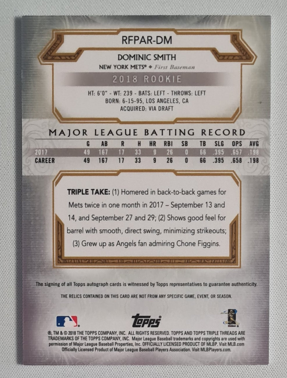 Dominic Smith - 2018 Topps Triple Threats Patch Auto /35 #RFPAR-DM New York Mets