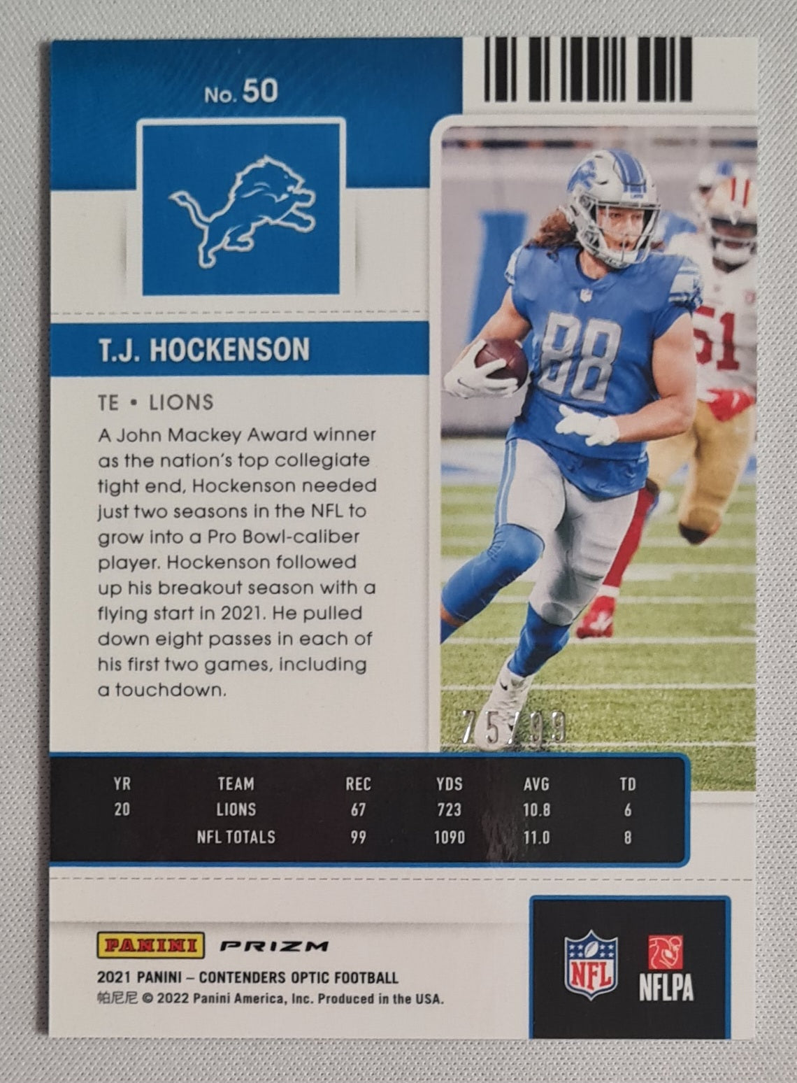 T.J. Hockenson - 2021 Panini Contenders Optic /99 #50 Detroit Pistons