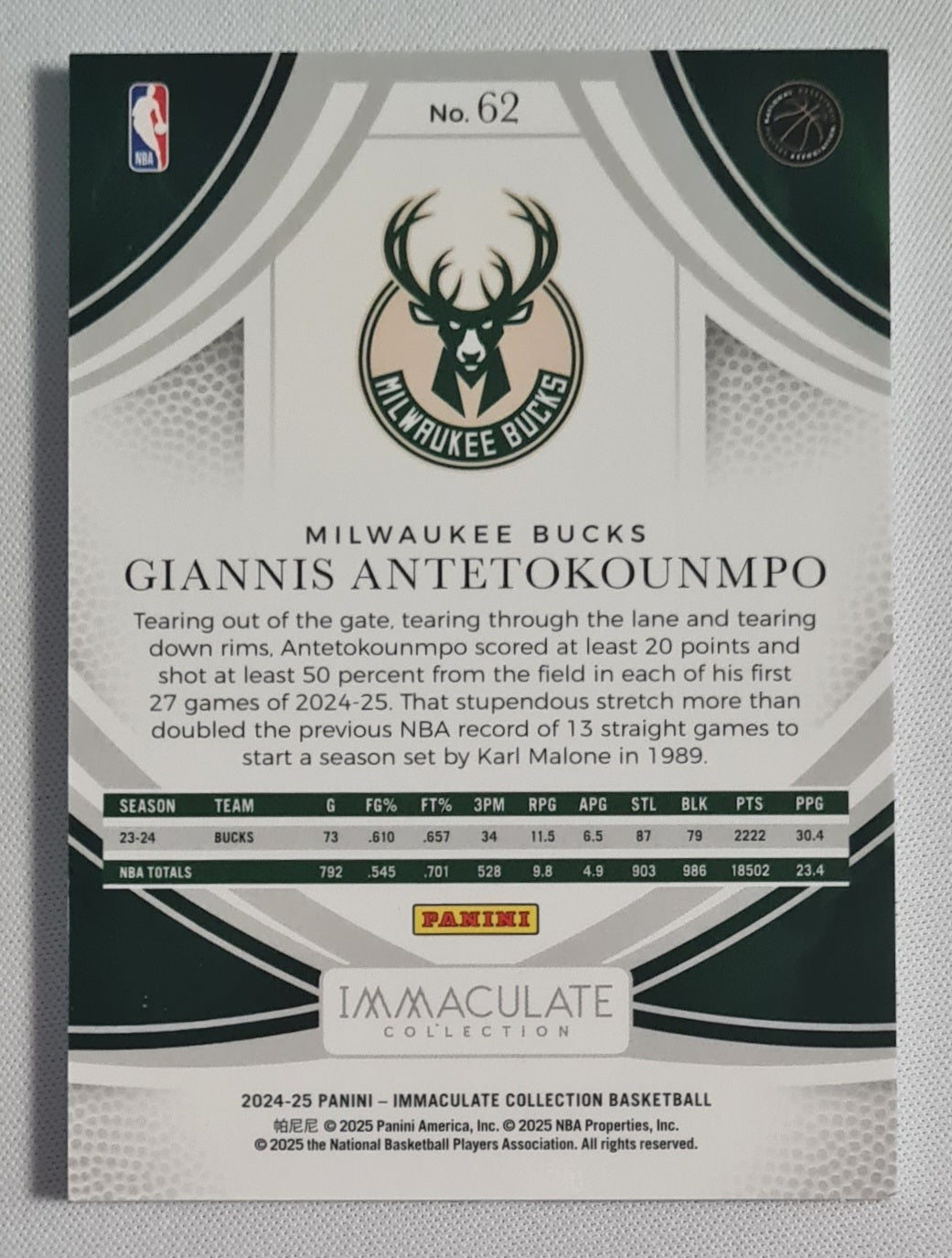 Giannis Antetokounmpo - 2024/25 Panini Immaculate /25 #62 Milwaukee Bucks