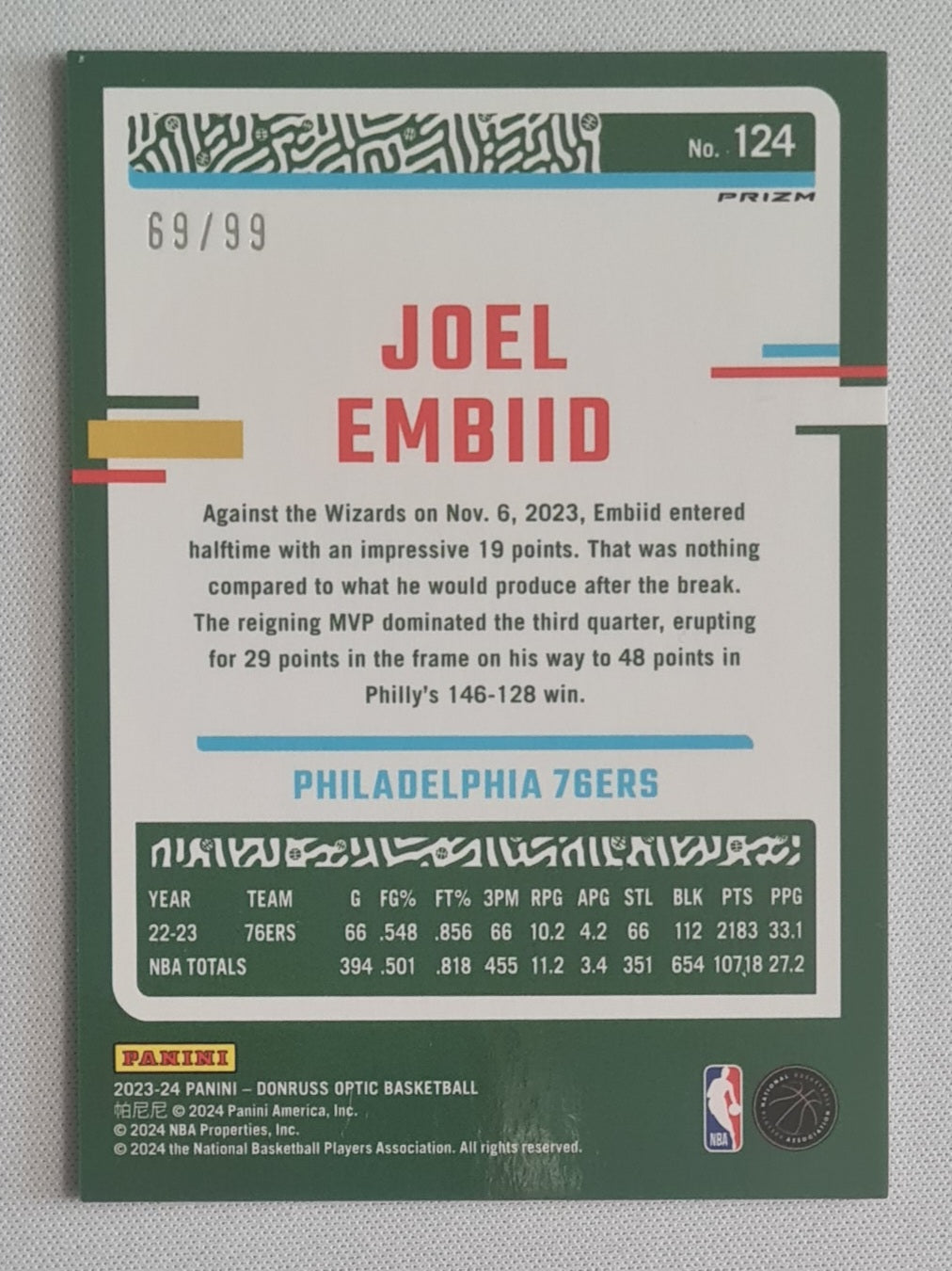 Joel Embiid - 2023/24 Panini Donruss Optic Red Prizm /99 #124 Philadelphia 76ers