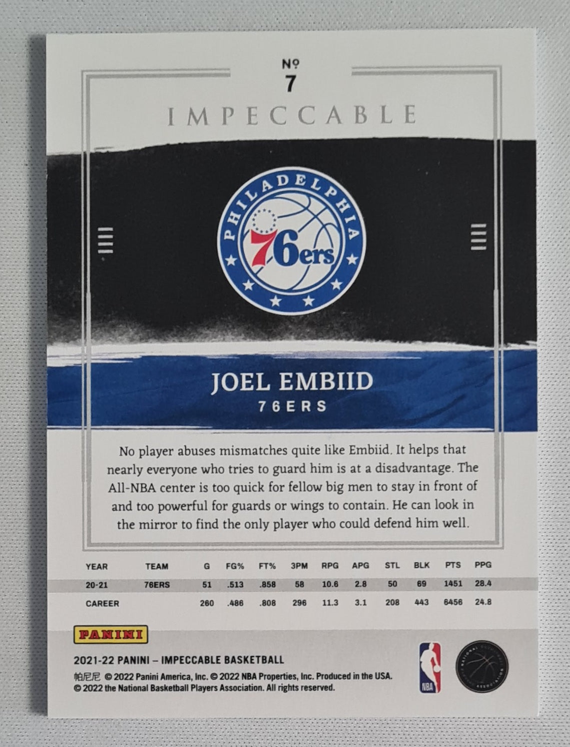Joel Embiid - 2021/22 Panini Impeccable #7 Philadelphia 76ers