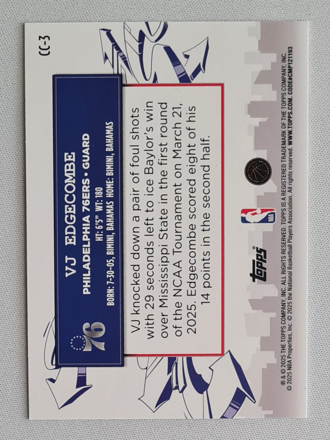 VJ Edgecombe - 2025/26 Topps Basketball Clutch City #CC-3 Philadelphia 76ers