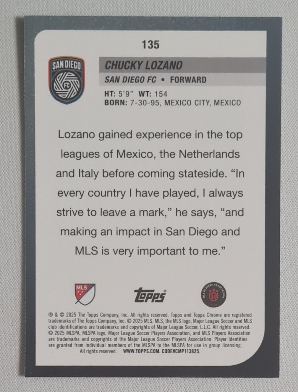 Chucky Lozano - 2025 Topps Chrome Sapphire MLS #135 San Diego FC