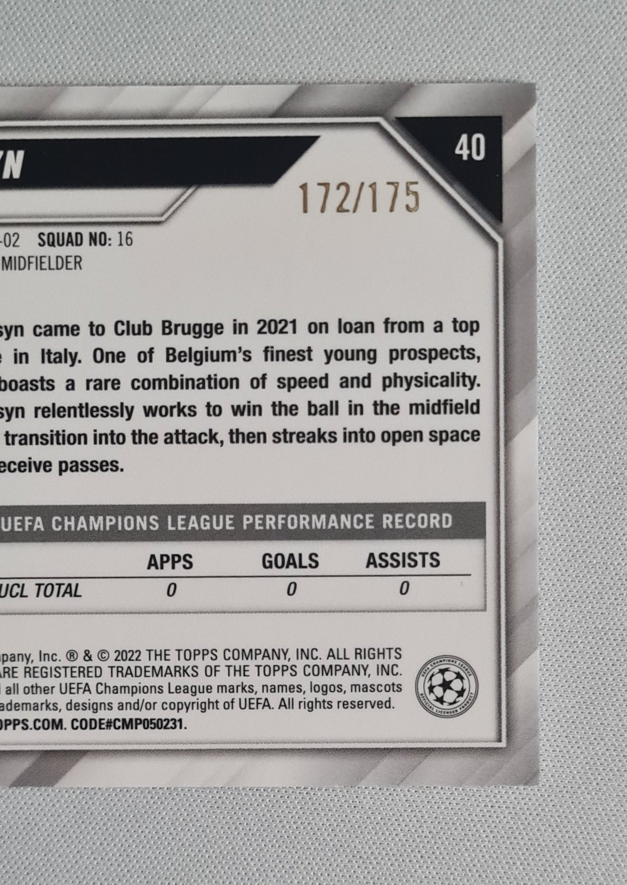 Tibo Persyn - 2022 Topps Chrome Champions League Club Brugge KV #40 /175 Pink