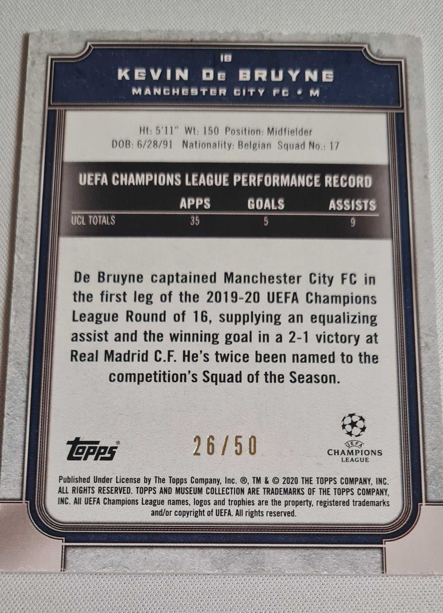 Kevin de Bruyne - 2019/20 Topps Museum Collection /50 #17 Manchester City