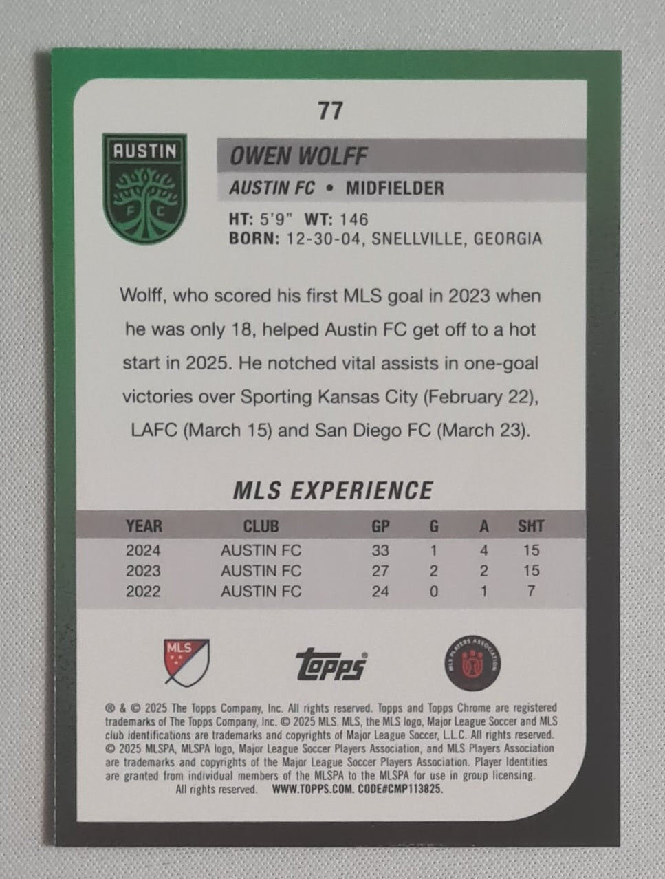 Owen Wolff - 2025 Topps Chrome Sapphire MLS #77 Austin FC
