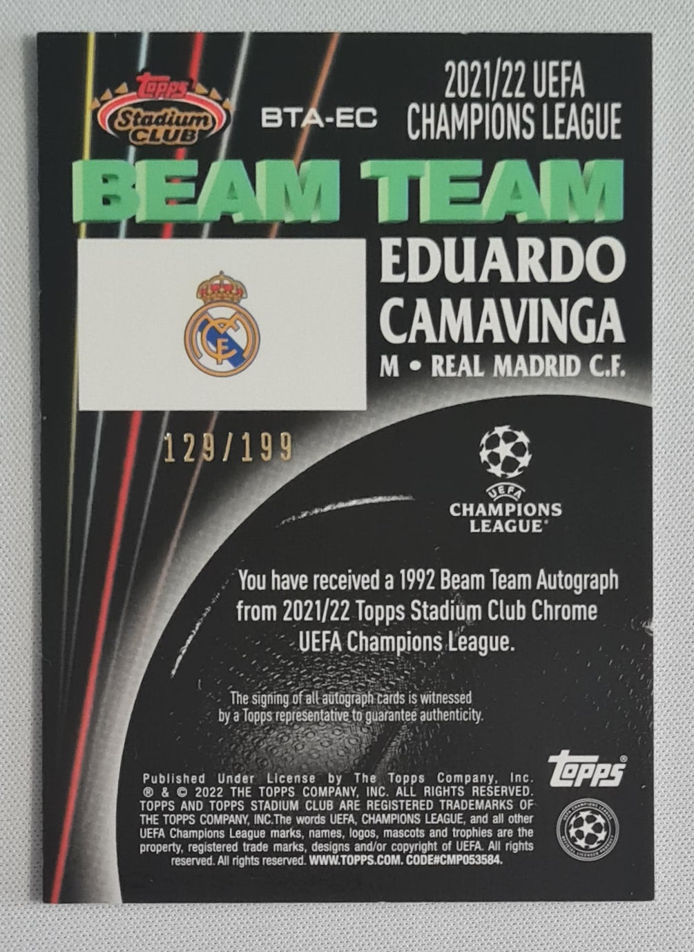 Eduardo Camavinga - 2021/22 Topps Stadium Club Chrome UCL Beam Team Auto /199 #BTA-EC Real Madrid CF
