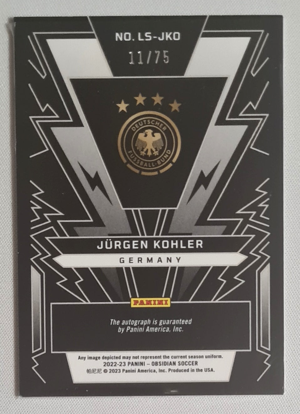 Jurgen Kohler - 2022/23 Panini Obsidian Lightning Strike Auto /75 #LS-JKO Germany