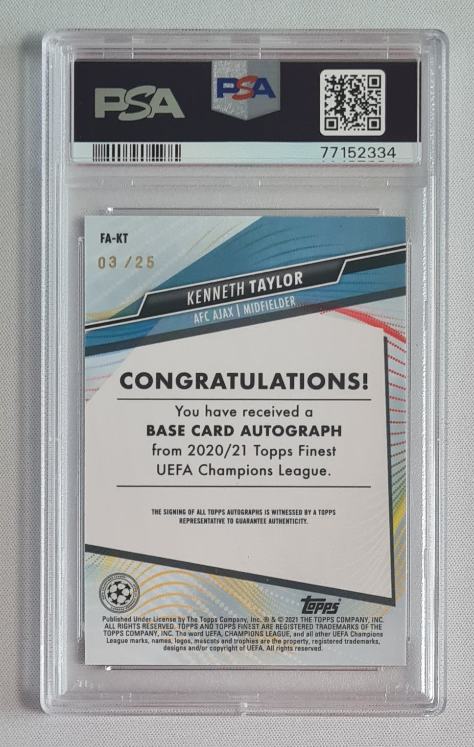 Kenneth Taylor - 2020 Topps Finest UCL Orange Wave Auto /25 Rookie Card PSA 10 #KT AFC Ajax