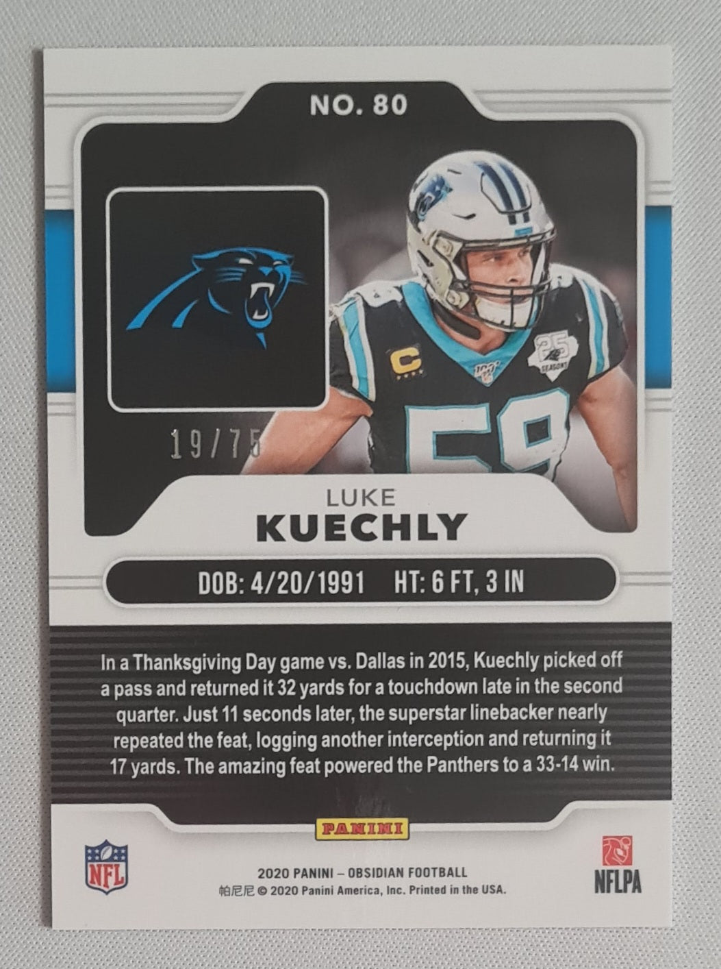 Luke Kuechly - 2020 Panini Obsidian Orange /75 #80 Carolina Panthers