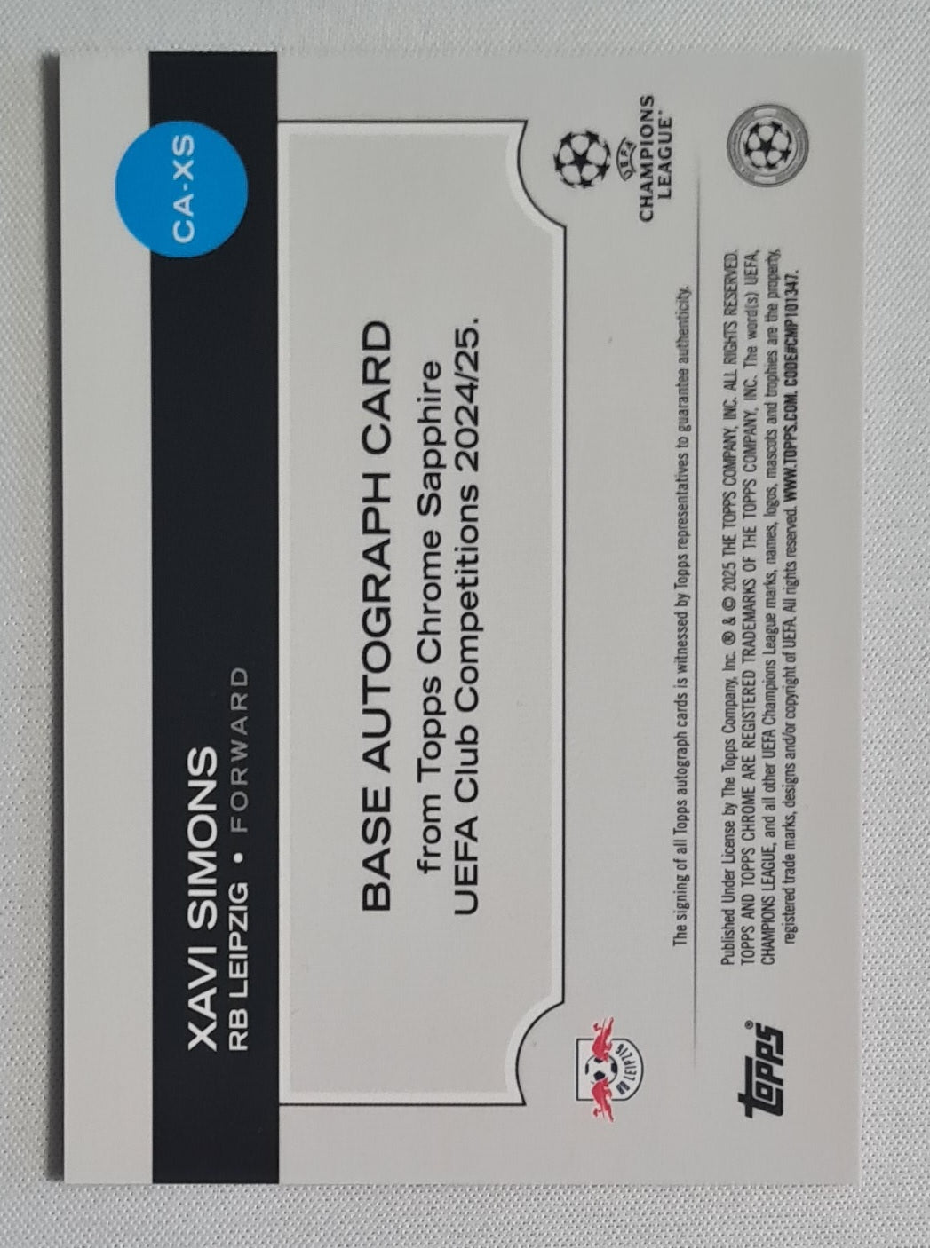 Xavi Simons - 2024/25 Topps Chrome Sapphire UCC Orange Auto /25 #CA-XS RB Leipzig