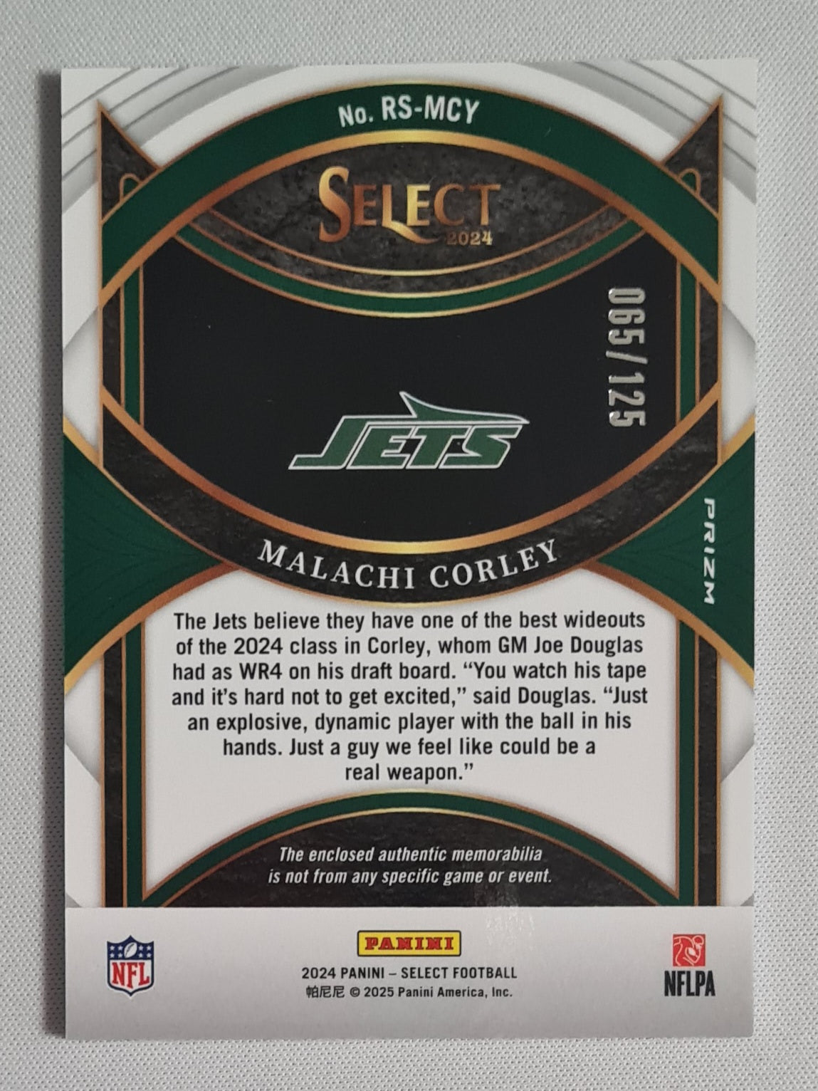 Malachi Corley - 2024 Panini Select Rookie Swatches /125 #RS-MCY New York Jets