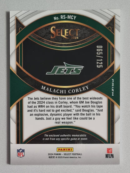 Malachi Corley - 2024 Panini Select Rookie Swatches /125 #RS-MCY New York Jets