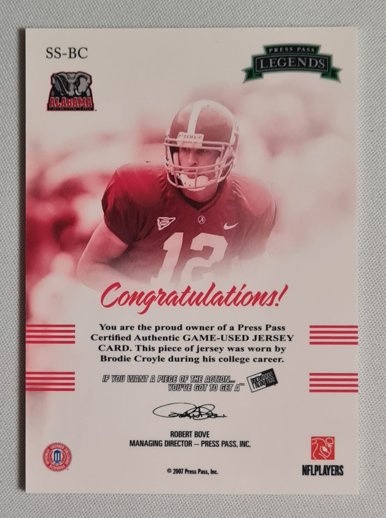 Brodie Croyle - 2007 Press Pass Legends Saturday Swatches Jersey #SS-BC Alabama