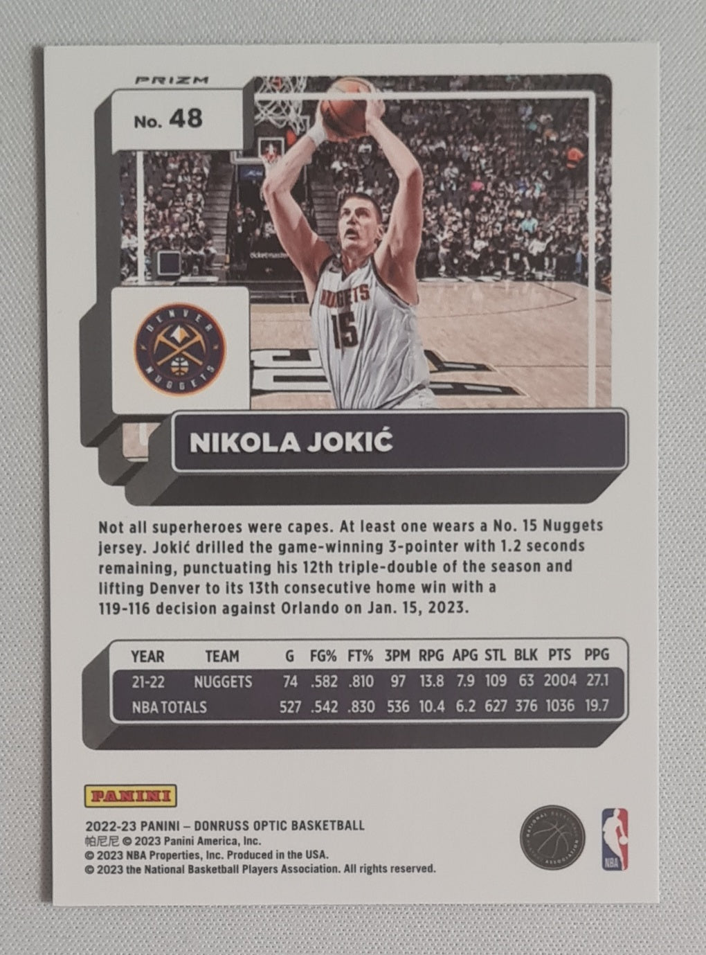 Nikola Jokic - 2022/23 Panini Donruss Optic Purple Shock Prizm #48 Denver Nuggets