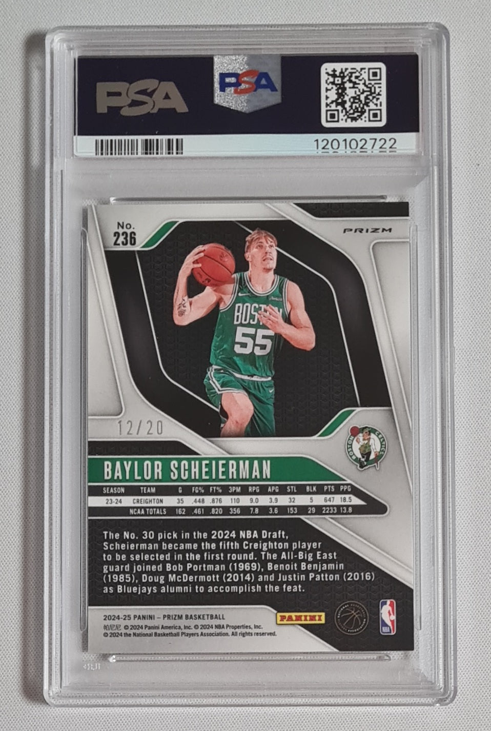Baylor Scheierman - 2024 Panini Prizm Bronze Fast Break /20 PSA 10 #236 Boston Celtics