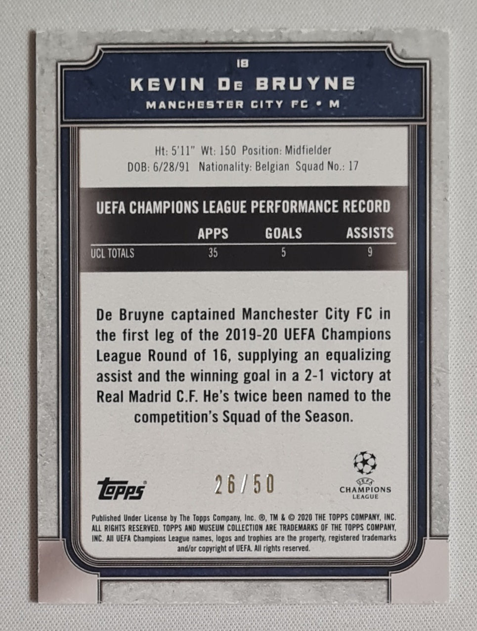 Kevin de Bruyne - 2019/20 Topps Museum Collection /50 #17 Manchester City