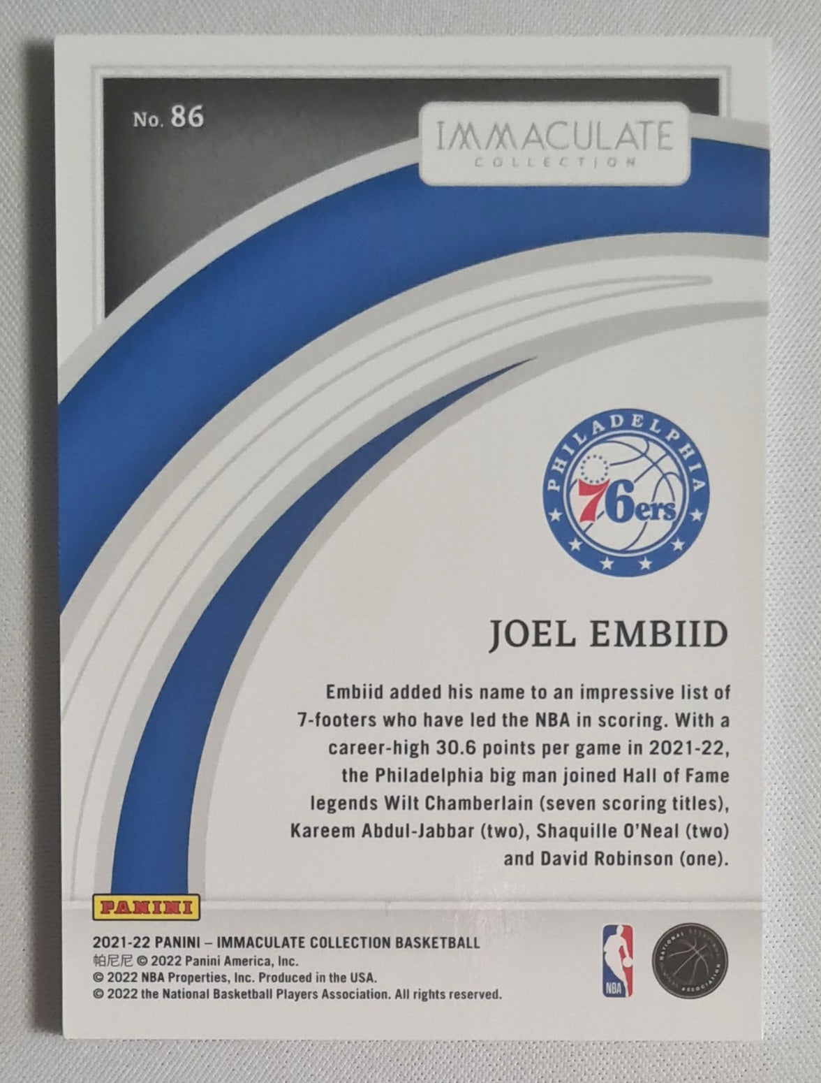 Joel Embiid - 2021/22 Panini Immaculate /99 #86 Philadelphia 76ers