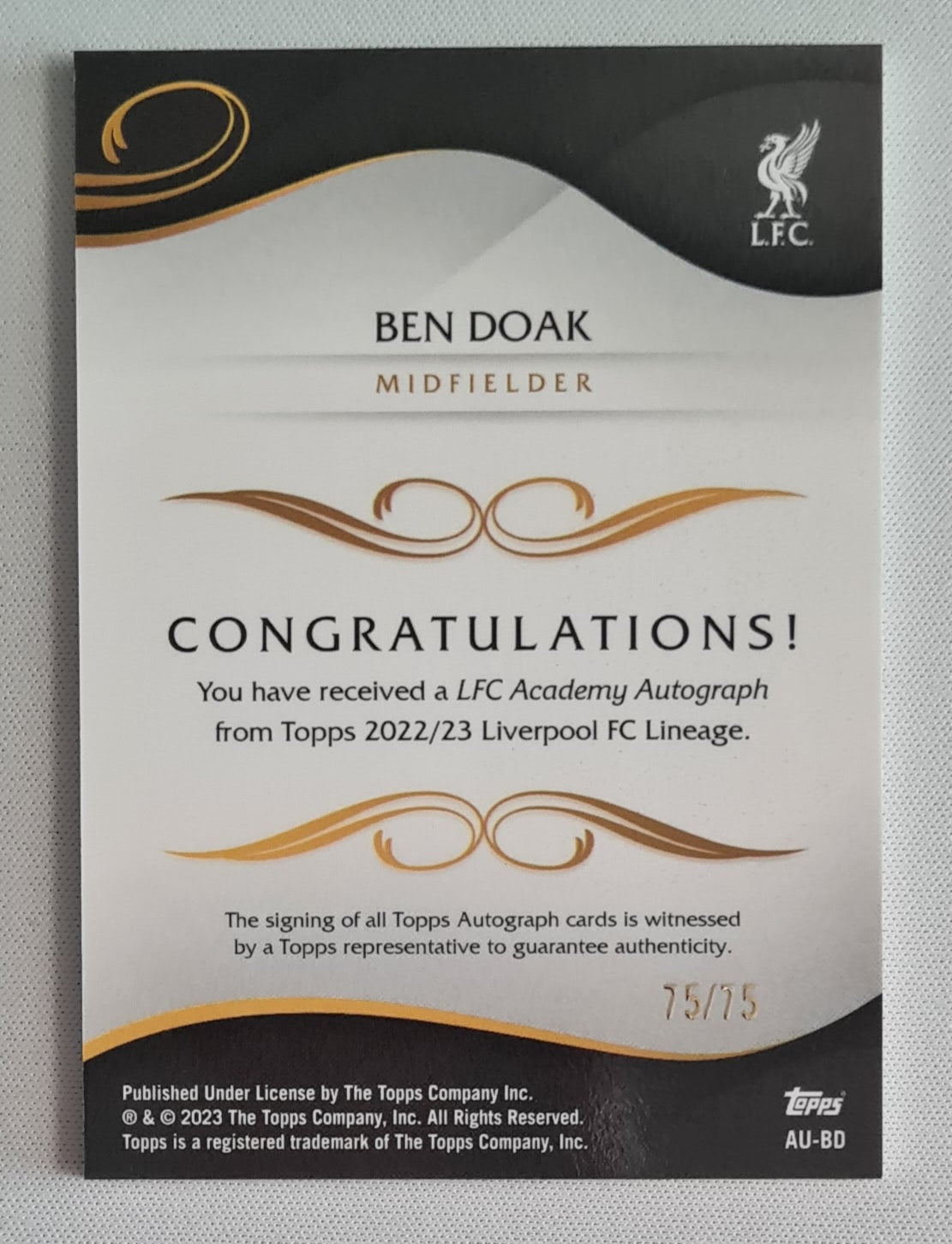 Ben Doak - 2022/23 Topps Liverpool FC Lineage LFC Academy Autograph Yellow /75 #AU-BD