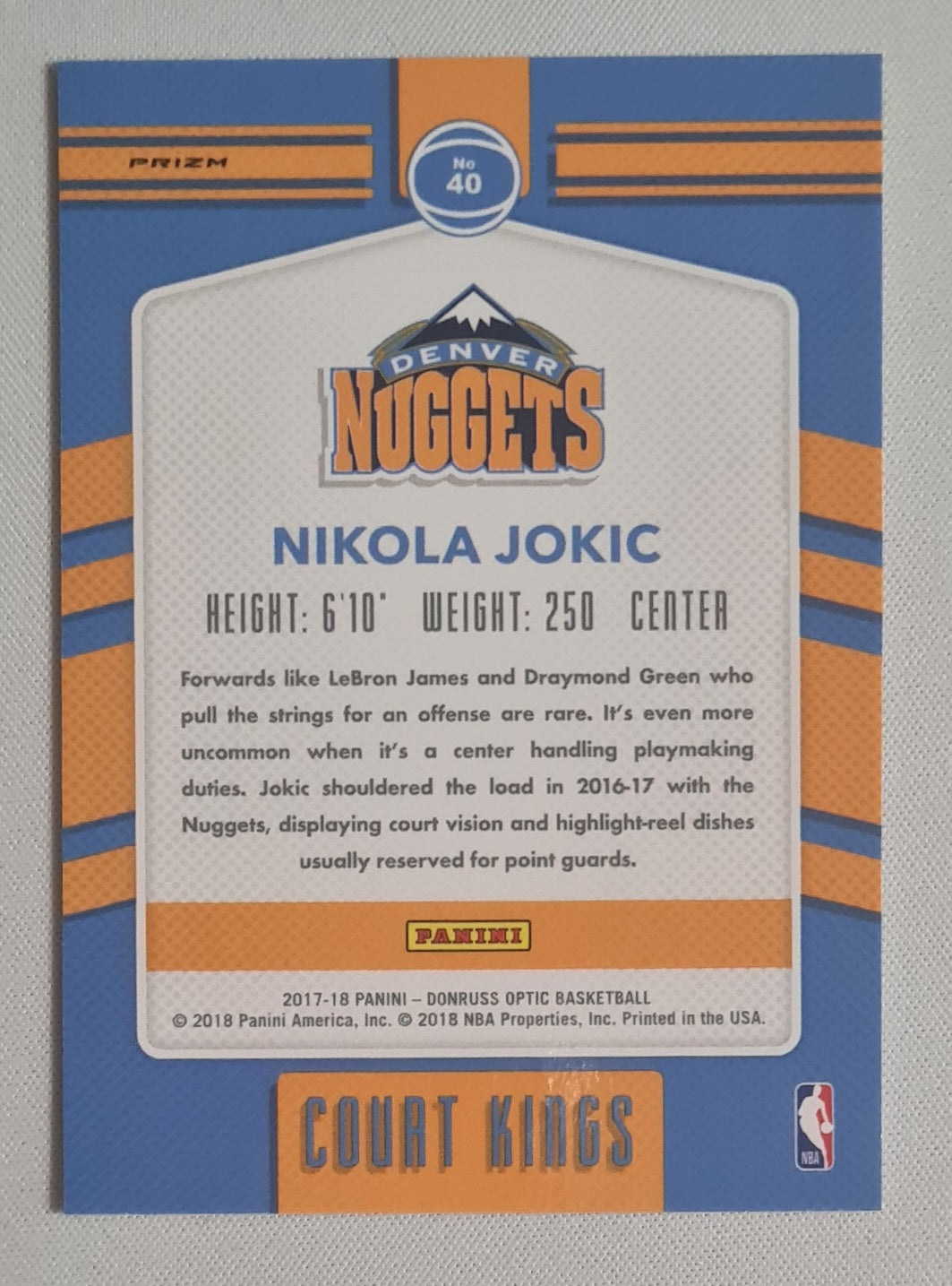 Nikola Jokic - 2017/18 Panini Donruss Optic Court Kings Prizm #40 Denver Nuggets