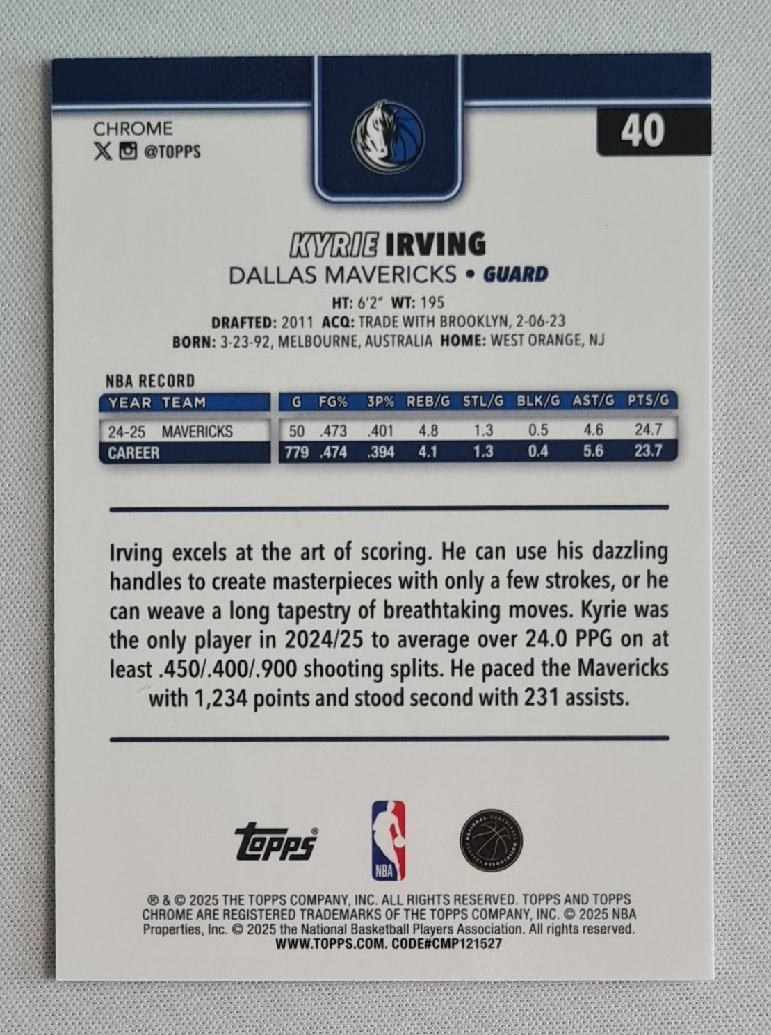 Kyrie Irving - 2025 Topps Chrome Negative Refractor #40 Dallas Mavericks