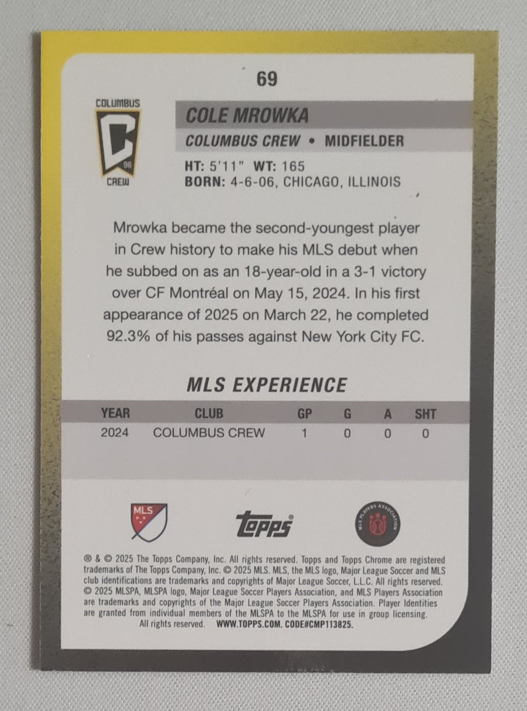 Cole Mrowka - 2025 Topps Chrome Sapphire MLS #69 Columbus Crew