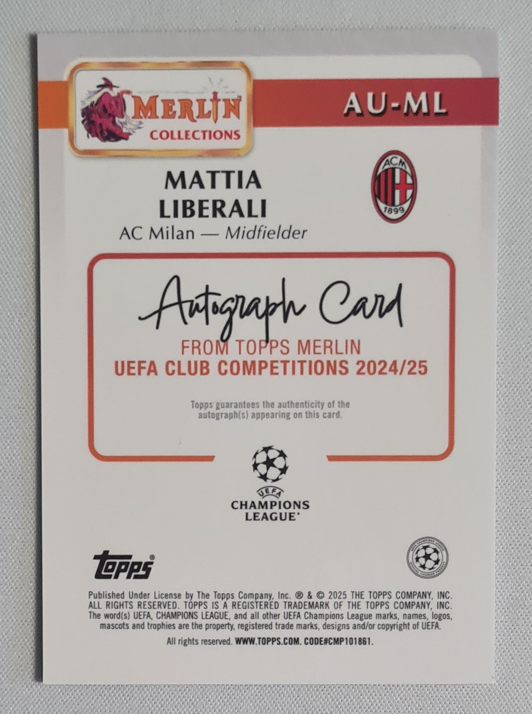 Mattia Liberali - 2024/25 Topps Merlin UCC Auto #AU-ML AC Milan