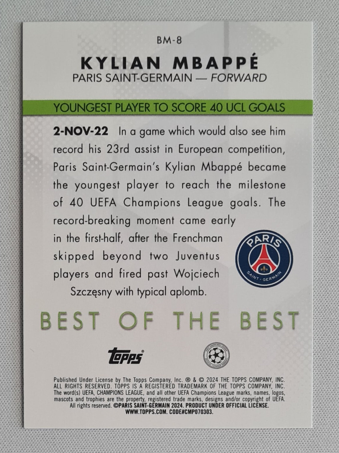 Kylian Mbappe - 2023/24 Topps UEFA Best of the Best #BM-8 PSG