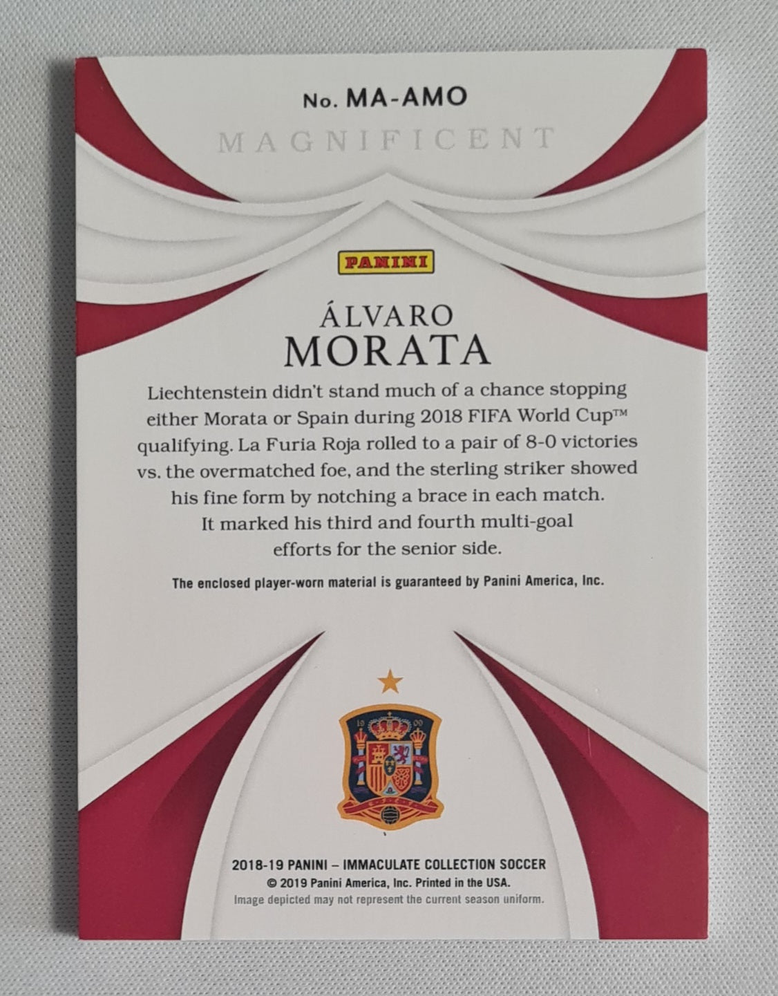 Alvaro Morata - 2018/19 Panini Immaculate Collection Magnificent Patch /5 Game Worn #MA-AMO Spain
