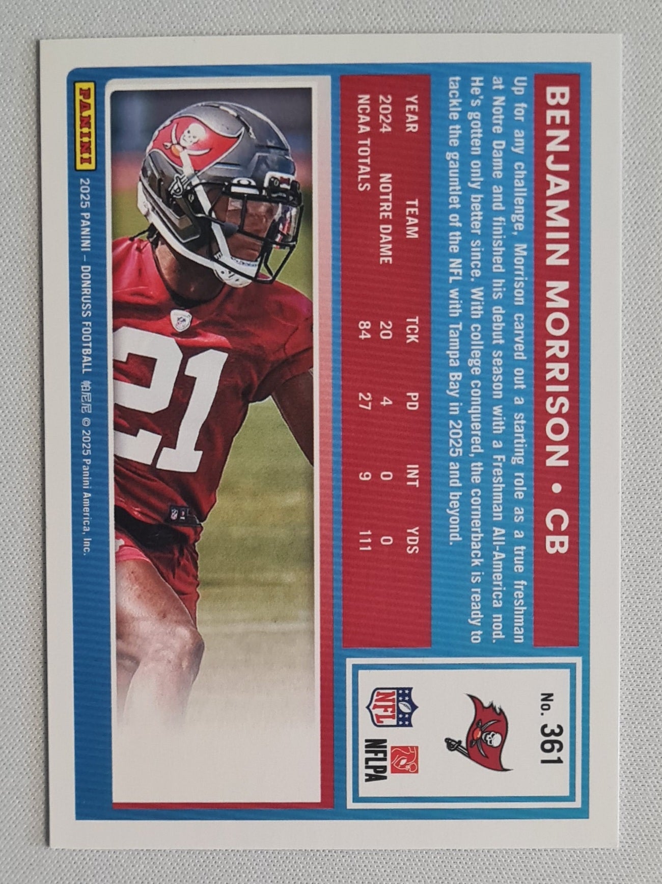 Benjamin Morrison - 2025 Panini Donruss Football Purple Press Proof Rated Rookie #361 Tampa Bay Buccaneers