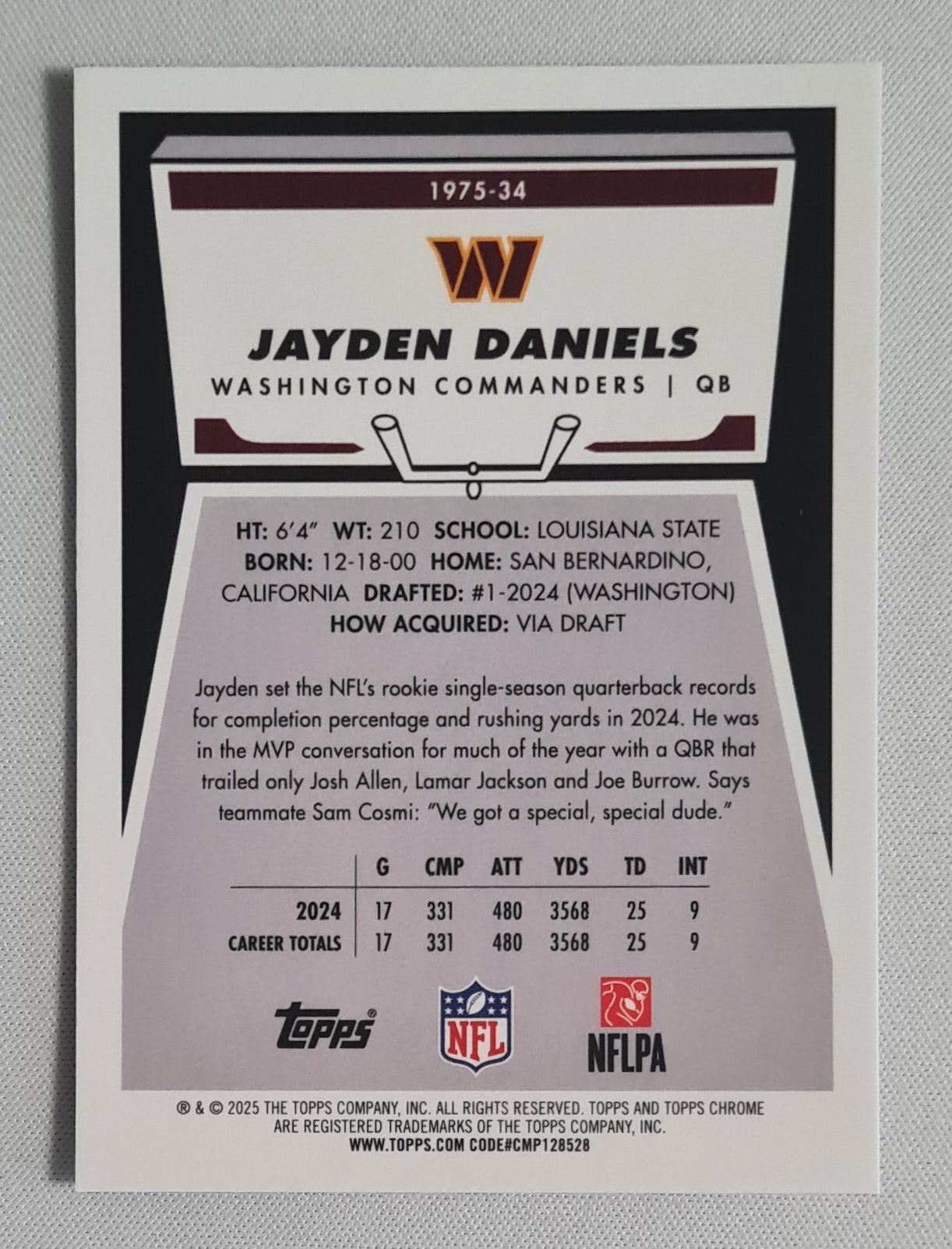 Jayden Daniels - 2025 Topps Chrome NFL 1975 Insert #1975-34 Washington Commanders