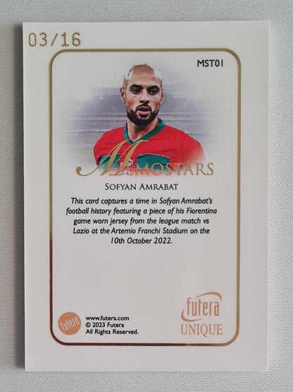 Sofyan Amrabat - 2023 Futera Unique Memostars /16 Patch Game Worn #MST01 Morocco