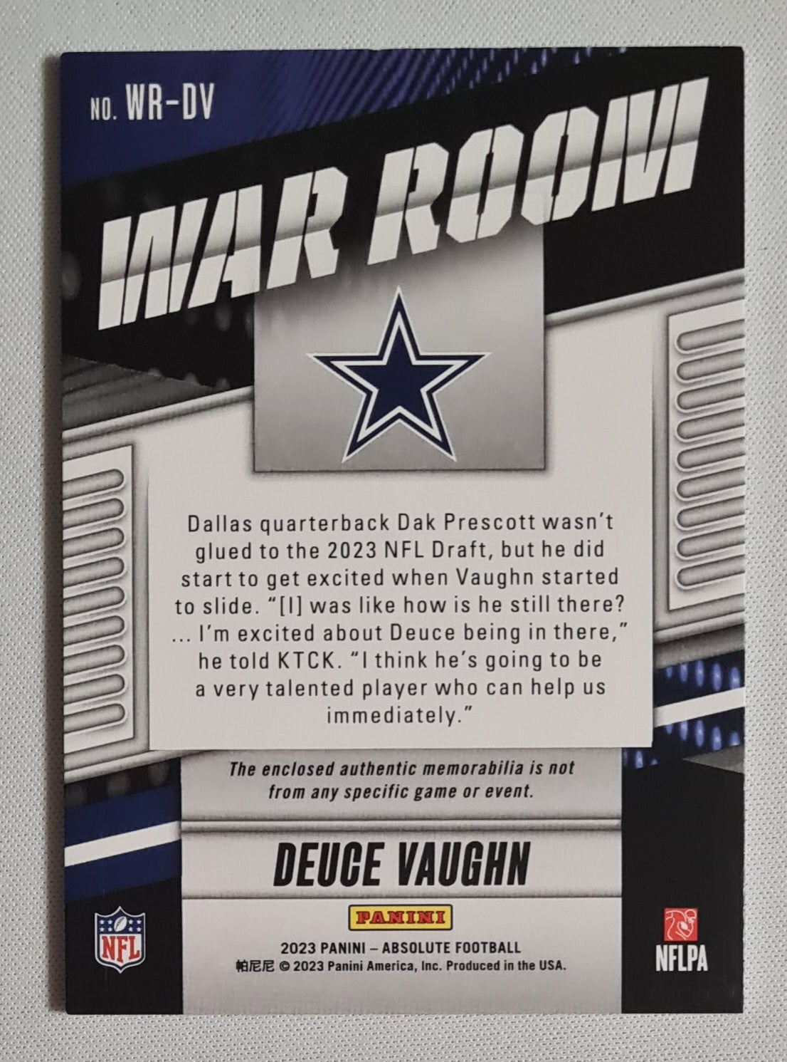 Deuce Vaughn - 2023 Panini Absolute Football War Room Materials Patch /199 #WR-DV Dallas Cowboys