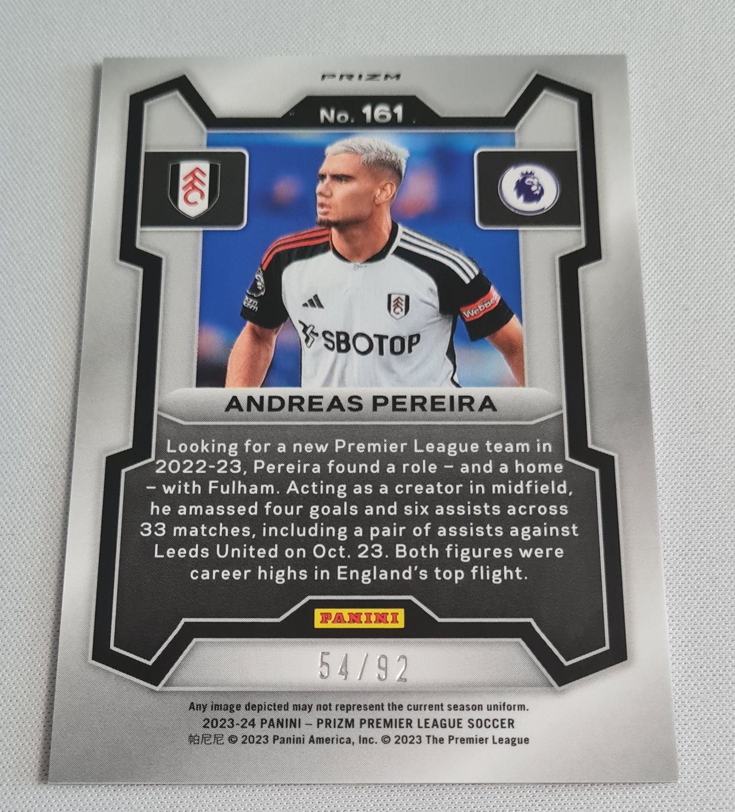 Andreas Pereira - 2023/24 Panini Prizm Premier League Soccer Purple and White Stripes Prizm /92 #161 Fulham FC
