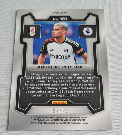 Andreas Pereira - 2023/24 Panini Prizm Premier League Soccer Purple and White Stripes Prizm /92 #161 Fulham FC