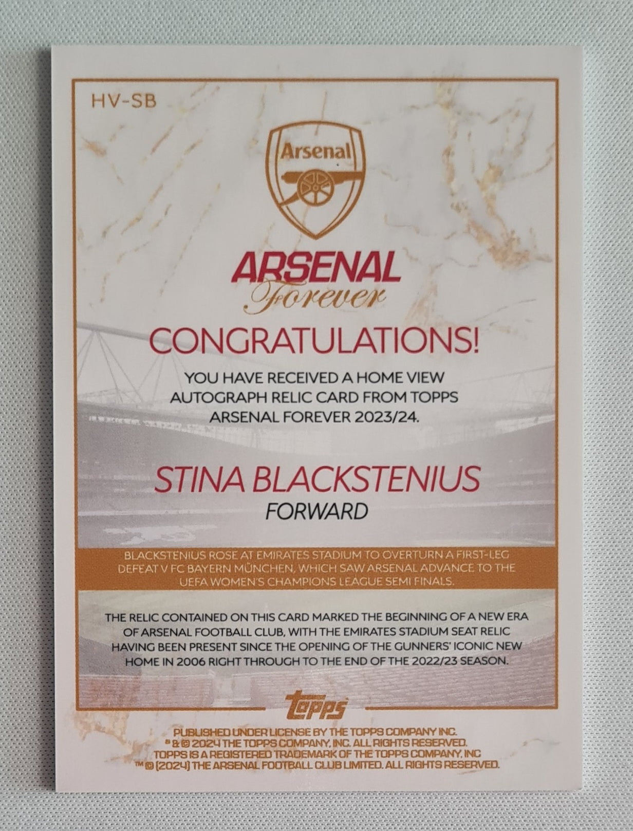Stina Blackstenius - 2023/24 Topps Arsenal Forever Seat Relic Auto /49 #HV-SB