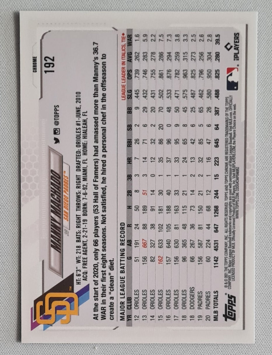 Manny Machado - 2020/21 Topps Chrome Sapphire MLB #192 San Diego Padres