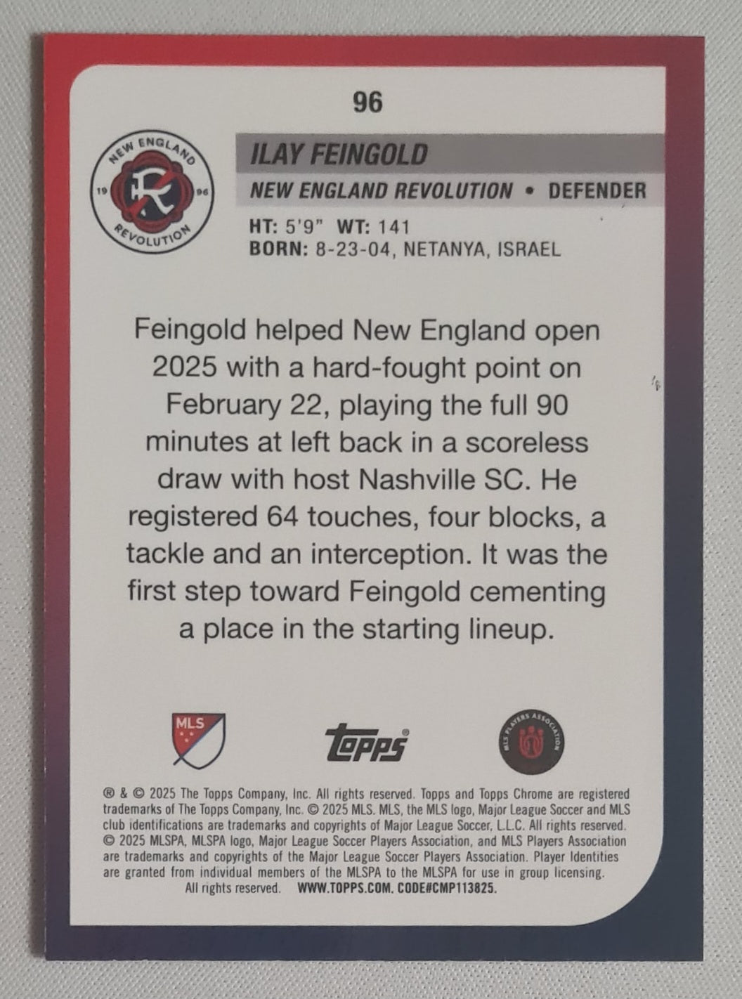 Ilay Feingold - 2025 Topps Chrome Sapphire MLS #96 New England Revolution
