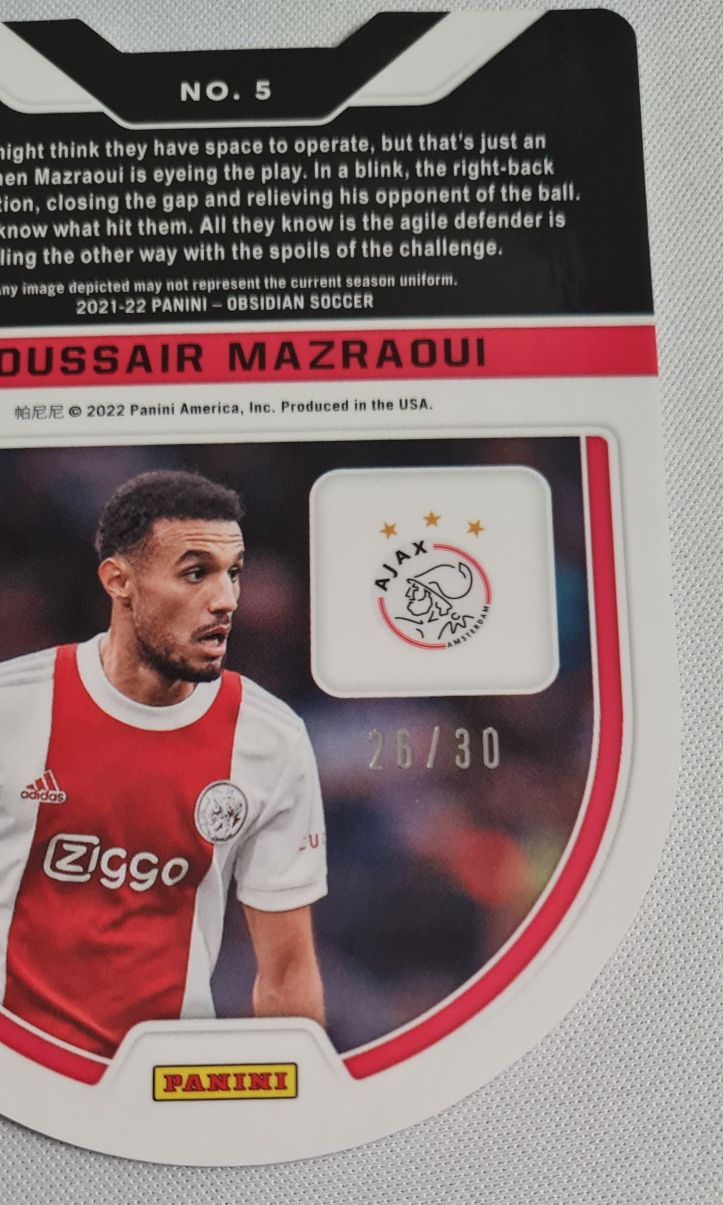 Noussair Mazraoui - 2021/22 Panini Obsidian Soccer Tunnel Vision Orange /30 #5 AFC Ajax